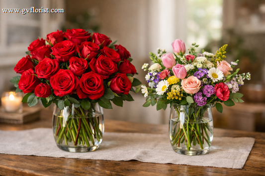 Comparison of two florist-crafted Valentine’s Day arrangements, showing a dense red rose bouquet beside a lighter mixed floral arrangement in clear glass vases on a wooden table.